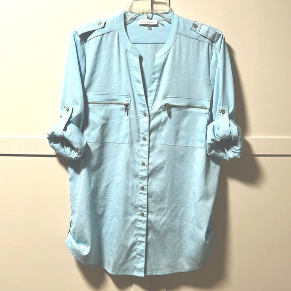 Calvin Klein Light Blue 3/4 Length Roll-Up Sleeves with Silver Zipper & Buttons - Picture 1 of 5